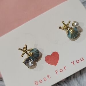 Gold Starfish & Aqua Shell Stud Earrings with Crystal and Pearl
